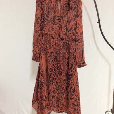 Topshop Womens  Size 10 Long Sleeve Dress Black  / Burnt Orange / Pattern 