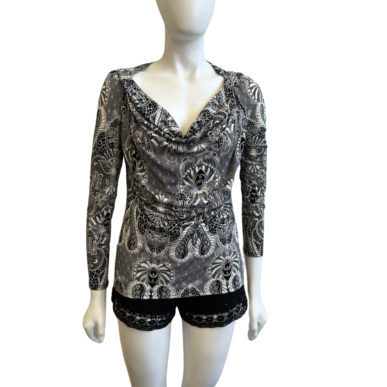 Blouse Femme Worthington Manches Courtes Encolure Cowl - Noir/Blanc/Vert, Taille L