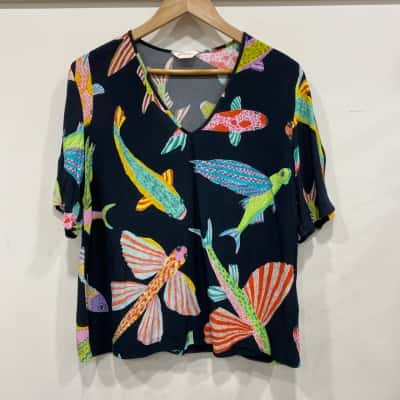 Gorman Womens  Size 8 Short Sleeve Top Multicoloured / Navy Blue 