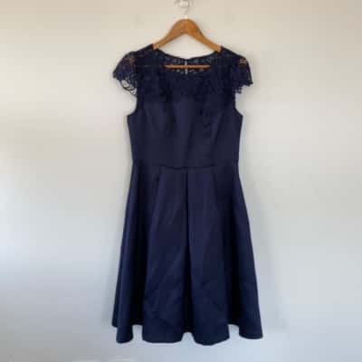 Review Navy Blue Short SLeeve Lace Evening Midi Dress Size 12 