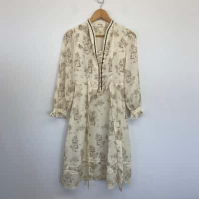 Simple Retro Beige Pattern Long Sleeve Midi Dress Size XS 