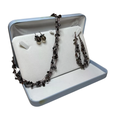 Womens Bracelet Earrings Necklace Set Black/Brown/Sterling Silver 925