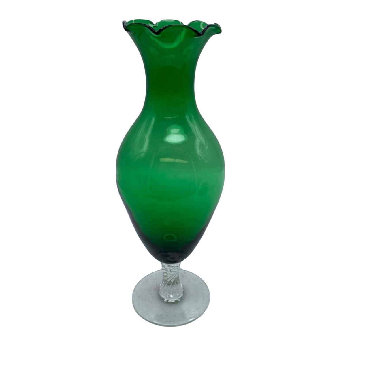 Vintage Pretty Fluted Green Glass Vase with Clear Twirl Stem 27 cm