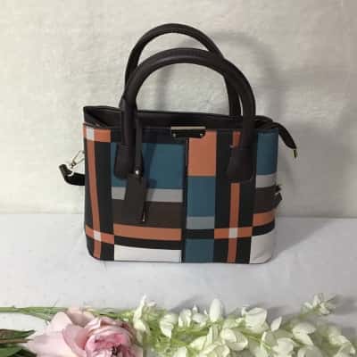 YEL Womens Brown / Beige  / Teal  / Orange /  Checked Pattern Handbag