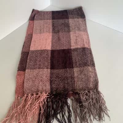 Jendi Pink and Brown Checked Fringed Scarf
