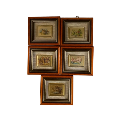 Set of 5 Small Vintage Italian Gold Leaf Print Wall Art