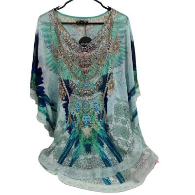 Womens Kaftan Top Size ML Blue Bird Crystal