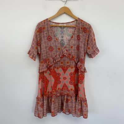 Gigi & Ella Orange Pattern Embellished Short Sleeve Mini Dress  Size L 