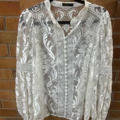  Womens G.D.S Estella Shine Size L White  Lace Ling Sleeve Shirt 
