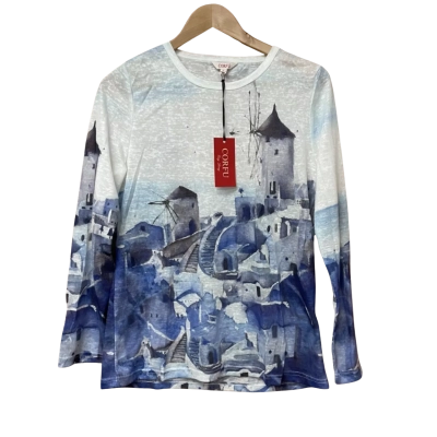 BNWT Corfu Womens Size 12 Long Sleeve Top - blue / white