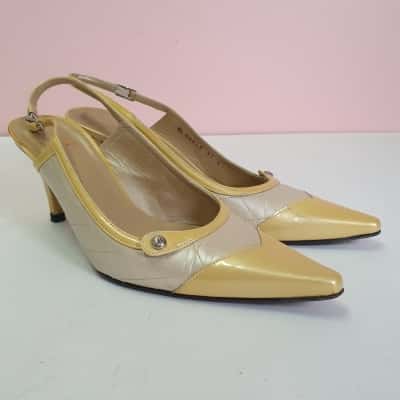 Stuart Weitzman Women's Size 37.5 Patent Gold & Cream Slingback Shoe