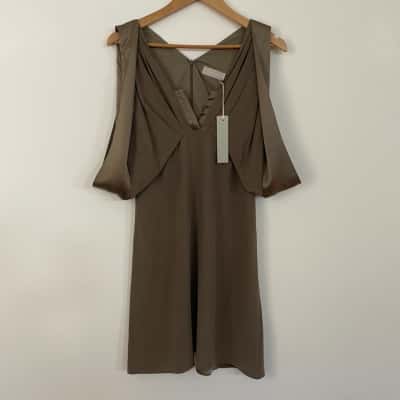 Willow Womens  Size 10 V-Neck Silk Dress with Drape Detail in Mushroom NEW with TAGS