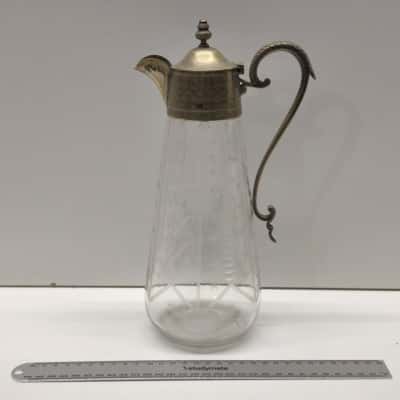 Vintage Etched Glass & Silver Plated Pitcher Water Claret Jug Decorative