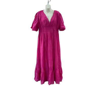 Salty Crush Glades V-Neck Shirred Waist A Line Maxi Dress Size 16 Hot Pink  