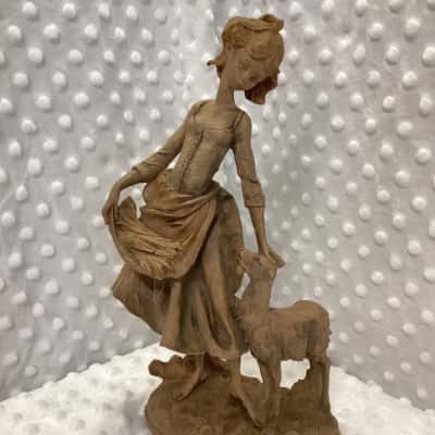 Vintage Figurine - Girl Carrying Wheat Petting A Goat