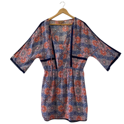 Kachel Women's Size 12 V-Neckline Elasticated tie waistband Bohemian-Style Mini Silk Dress 