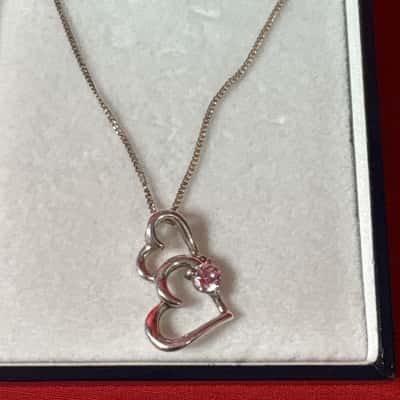  Women's 925 Silver Chain featuring a 925 Silver Double Heart pendant with a Small Pink Stone Accent Necklace 