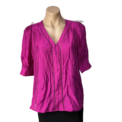 Sussan Womens Size 6 Bright Pink / Lace Trim Button up Short Sleeve Top 