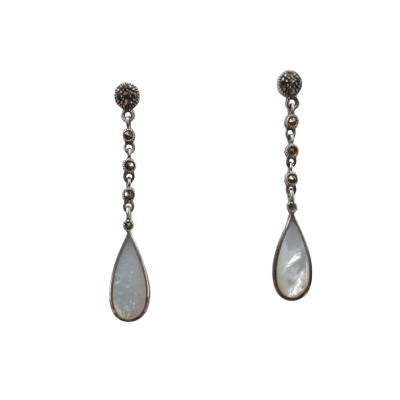  Women's Silver Dangle Earrings with Marcasite and Mother of Pearl