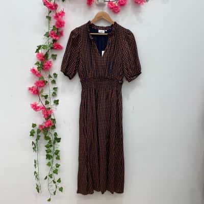 Jeanswest Womens Short Sleeve Maxi Dress Size 14 Burnt Orange / Navy Blue / Pattern 