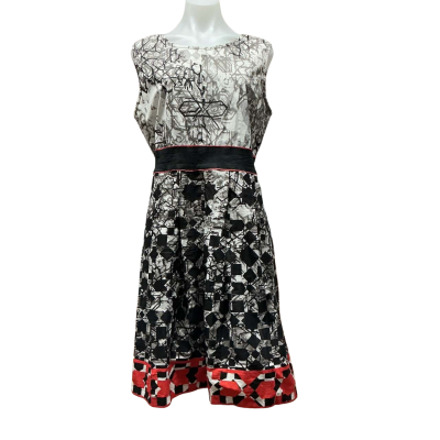 Orientique Womens Size 16 Midi Dress Black  / Pattern / Red / White 