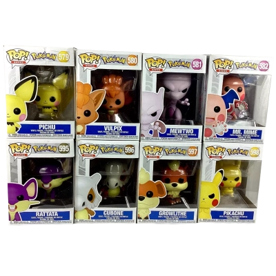 Pokémon Funko Pop! vinyl figures Pichu (#579), Vulpix (#580), Mewtwo (#581), Mr. Mime (#582), Rattata (#595), Cubone (#596), Growlithe (#597), and Pikachu (#598). 