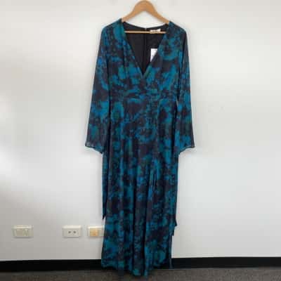 Showpo Jewel Blur Mirski Tie Waist Flared Sleeve Midi Dress Size 14