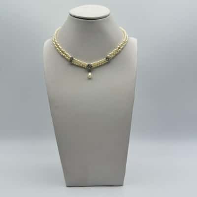 Vintage Double Strand Faux Pearl & Clear Rhinestone Necklace