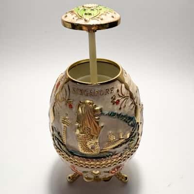 Fabergé-inspired embossed metallic relief egg -Singapore Souvenir toothpick holder & bottle opener 