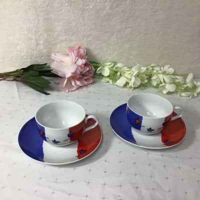 Multiple Choice White / Blue / Red Pattern Cappuccino Cup & Saucer (x 2)