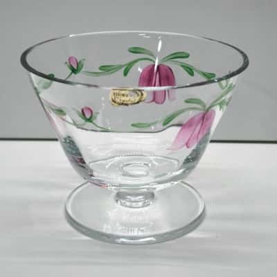 Bohemia Crystal Footed Glass Bowl Hand Painted Pink Flowers Stemmed