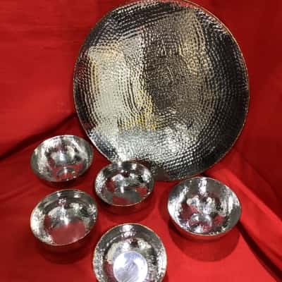 Godinger Hammered Round Silver Platter, with 5 bowls
