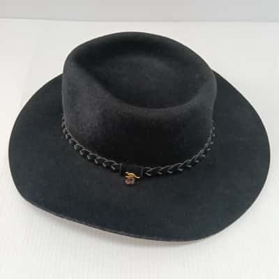 Statesman Hats Black Merino Wool Felt Hat with Brown Leather Chin Strap & Gold Kangaroo Emblem #MadeInAustralia #FeltHat #StatesmanHats