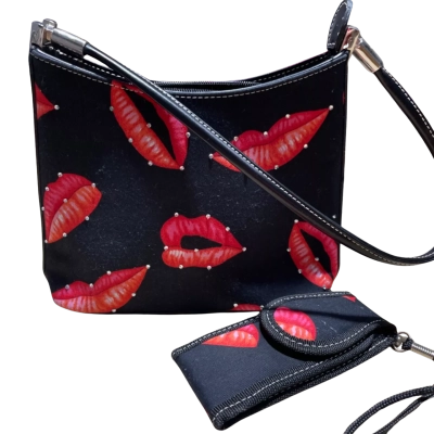  Women’s Super Cute Red Lips & Diamanté Handbag with Small Pouch Baglette 