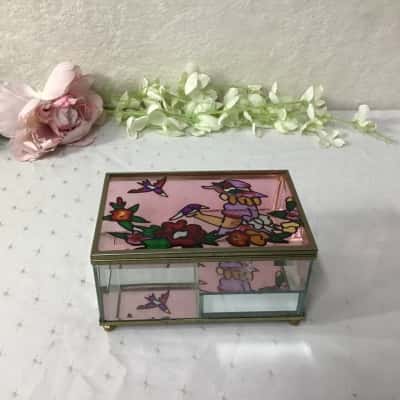 Girl with Bird / Flower Pattern Stained Glass Musical Trinket Box