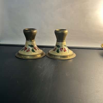 Vintage enamel brass candle holder