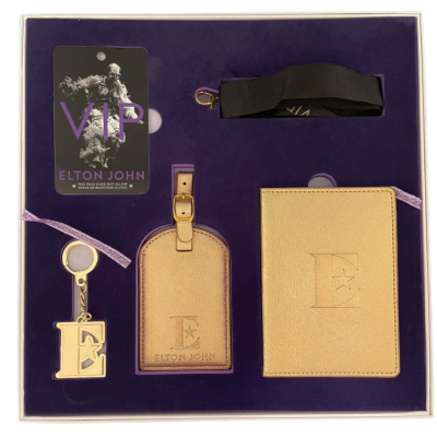 Elton John VIP Tour Merchandise: Tote and Box Including Notebook, Lanyard, Passport Cover etc