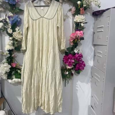 Flannel Size M Maxi Dress Cream with Green stripe 