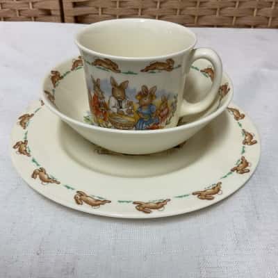  Vintage Set 3 BUNNYKINS Christening Kids Baby Celebrate ROYAL DOULTON Animal Bunny English Fine Bone China Gift Boy Girl Cup Bowl Plate 