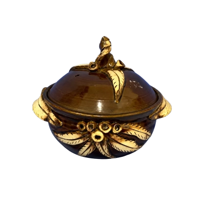 Brown Glazed Ceramic Lidded Pot – Decorative Leaf Design