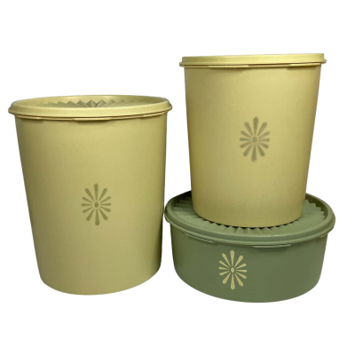 Tupperware Harvest yellow with starburst motif  canister set 