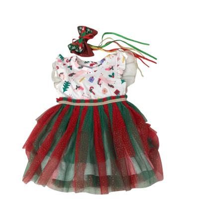 Christmas Dress with Christmas Bow, Girls Size 1 Dress Gold / Green / Red / White 