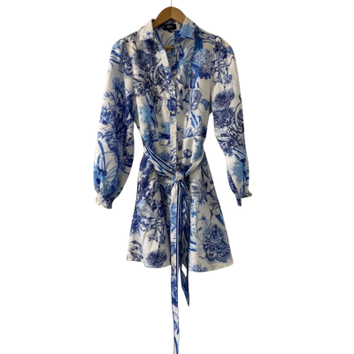 AVe. Women's Size XS Blue Pattern Button Up Belted Shirt Dress