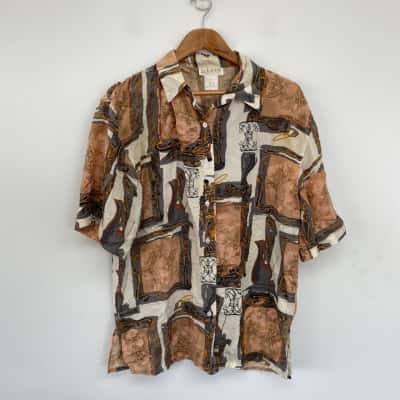 Vintage Raam Original White Grey Pattern 100% Silk Short Sleeve Shirt Size L 