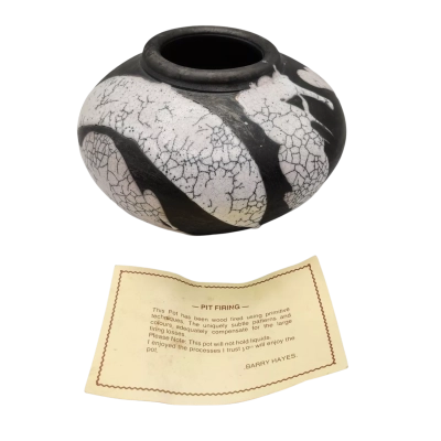 Vintage Pit-Fired Pottery Vase by Barry Hayes (Signed) 1990 19cm Diameter x 12cm Height   (brica cubes)