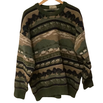 Vintage**Woolly Jumpers. Made in NZ.   Green Tones Lamb Jumper. Size L 