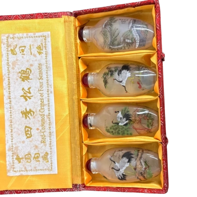 Chinese Reverse-Painted Glass Snuff Bottles – Red-Crowned Cranes of Four Seasons – Boxed Set of 4