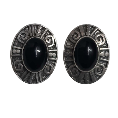 Unique Large Vintage Oval Sterling Silver Clipon Earrings with Black Onyx