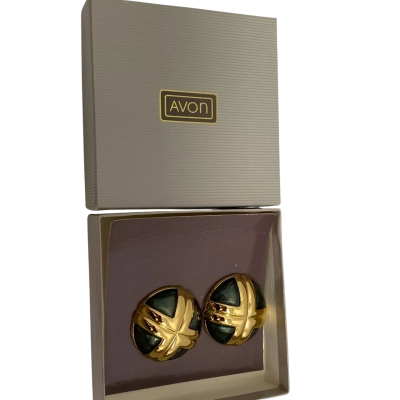 Vintage Avon Green Gold Tone Round Clip On Earrings
