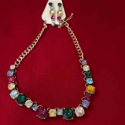  Women’s Gold Tone Earrings / Necklace Set featuring Multiple Coloured Rhinestones 